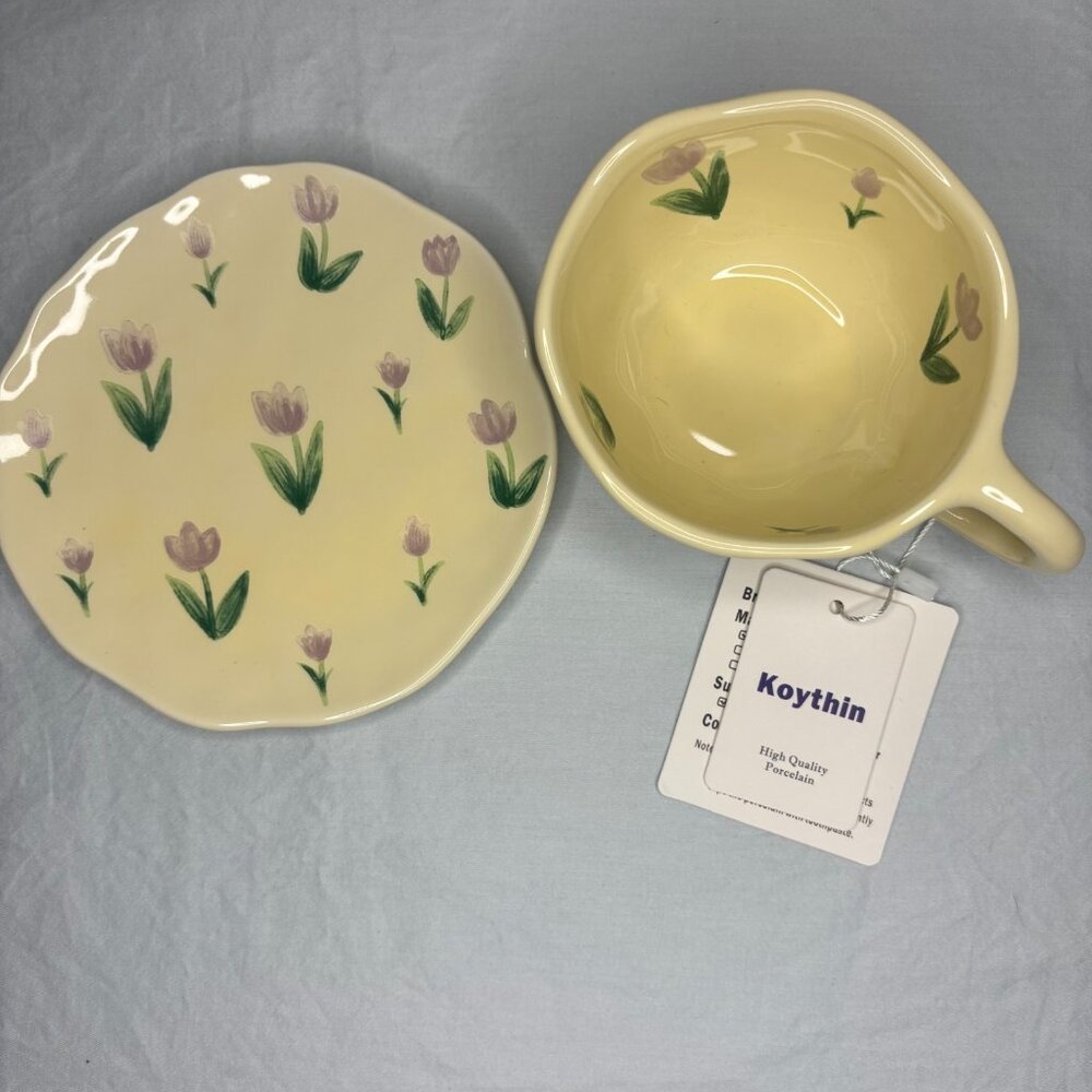 NWOT KOYTHIN Porcelain Tea Cup and Saucer Floral Tulips